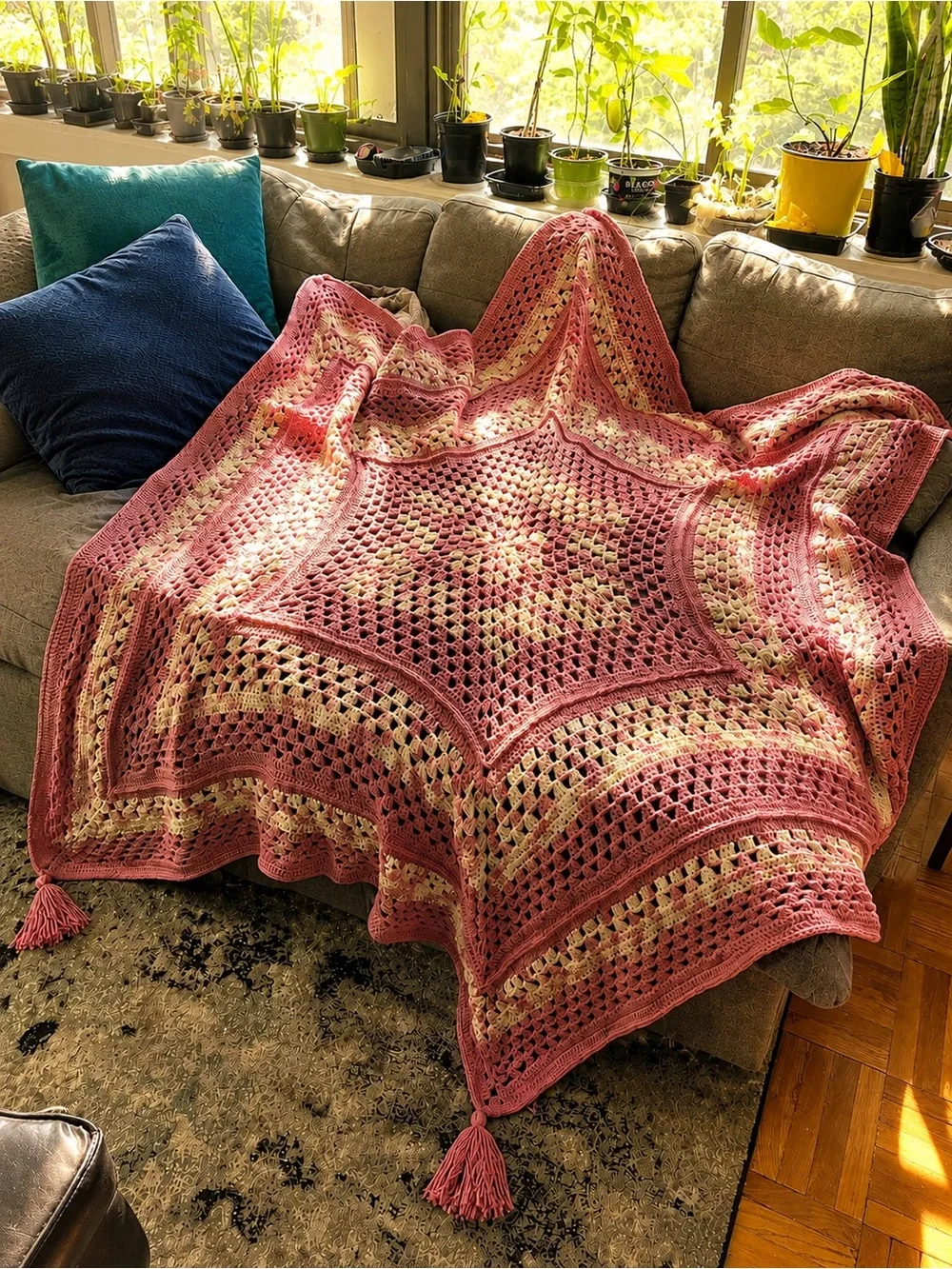 NWT Handcrafted Artisan Oversized Crochet Hexagon Afghan Blanket 86” dusty rose
